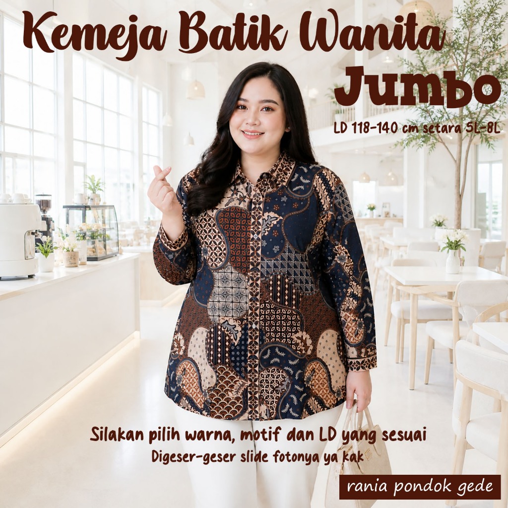 Kemeja wanita Jumbo 3L - 8L LD 120, 125, 130, 140 cm batik katun stretch