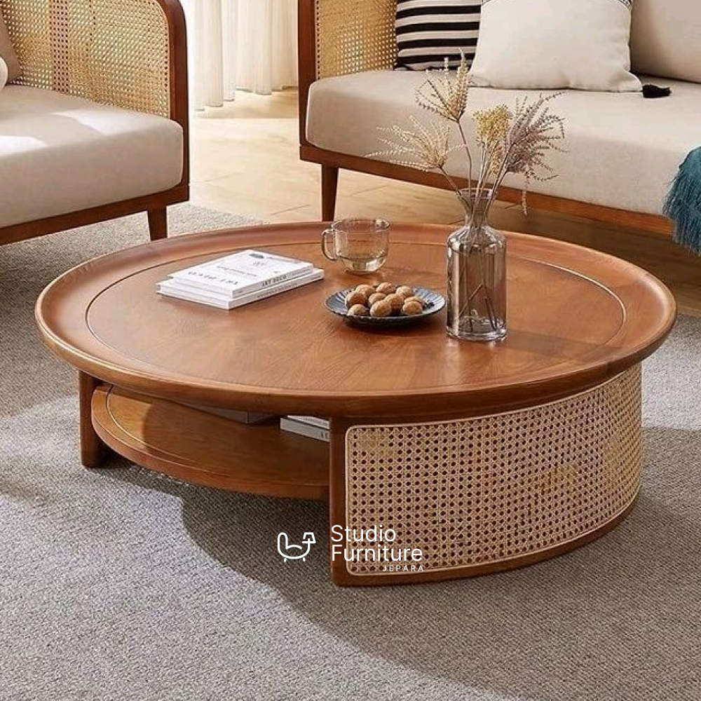Meja Tamu Bulat Kayu Jati Mix Rotan | Meja Sofa Bulat Kayu dan Rotan