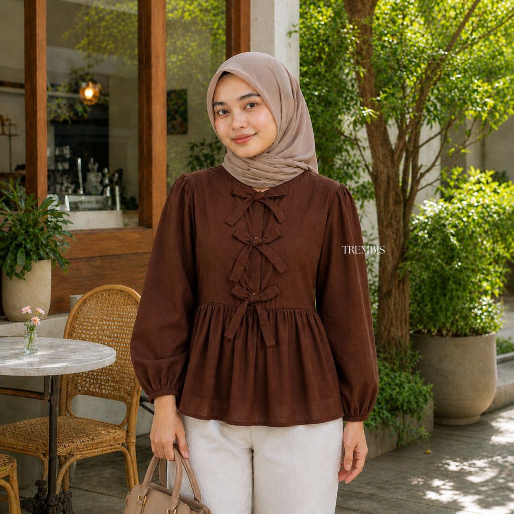 TREMBIS - Blouse Wanita Muslimah Lengan Panjang Lupie - Atasan Pita Depan Coklat - Baju Wanita Casua