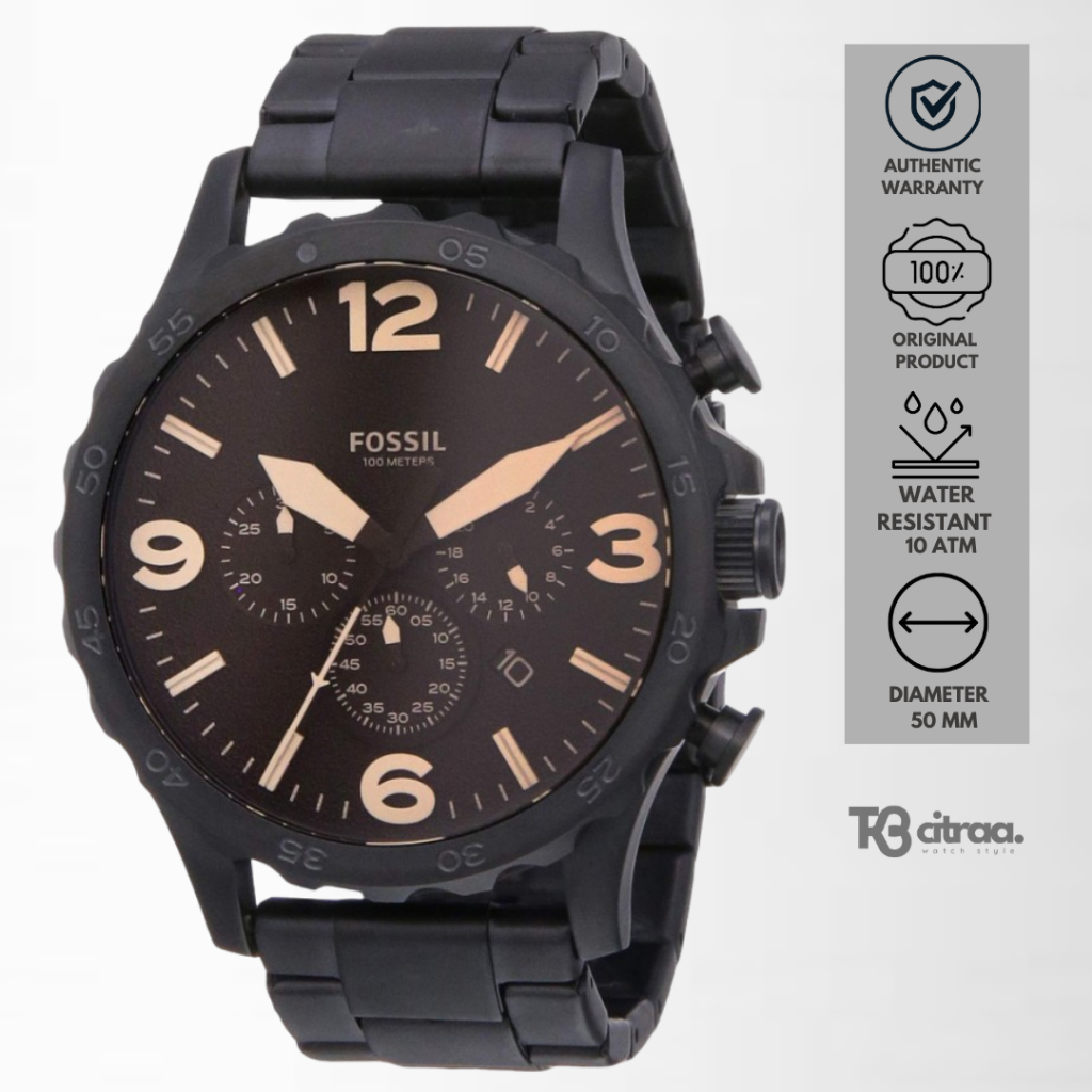 Jam Tangan Pria Fossil Nate Chronograph Black Stainless Steel Sporty Mewah Original JR1356