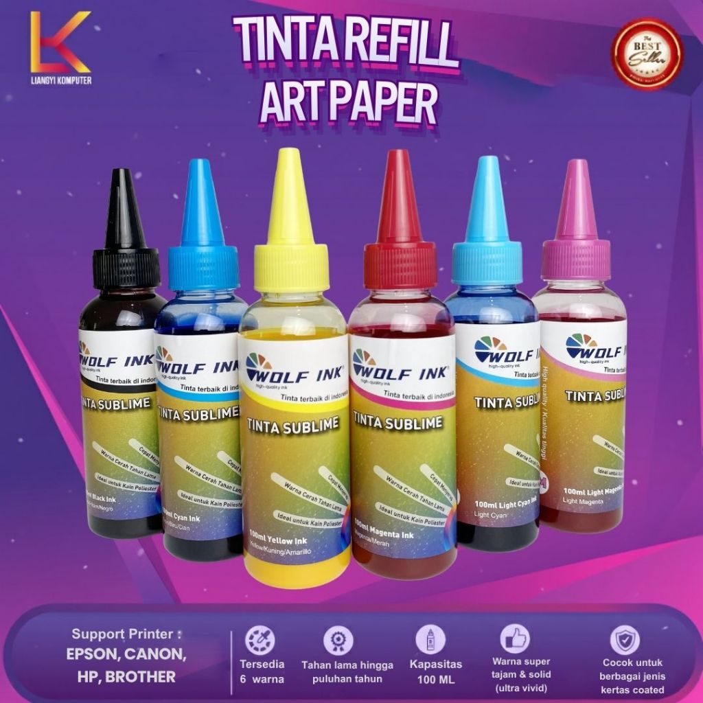 1 Paket Isi 6 Tinta WOLF INK Tinta Art Paper 100mL Photo Ink Glossy Printer Epson Canon HP Brother