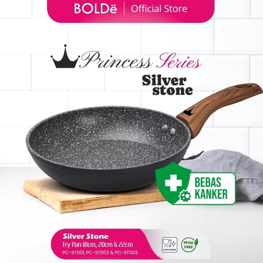 BOLDe Fry Pan Princess Silver Stone - Wajan Granit Anti Lengket 18/20/22 cm Gagang Kayu