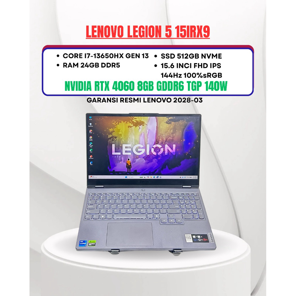 LENOVO LEGION 5 15IRX9 CORE I7-13650HX NVIDIA RTX 4060 8GB RAM 24GB SSD 512GB 15.6INCI 144Hz 100sRGB