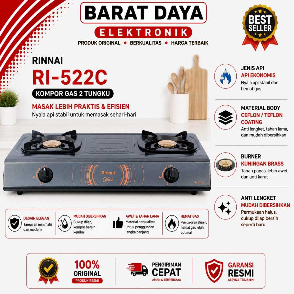 Kompor Gas RINNAI Kompor Gas 2 Tungku RI-522 C Teflon