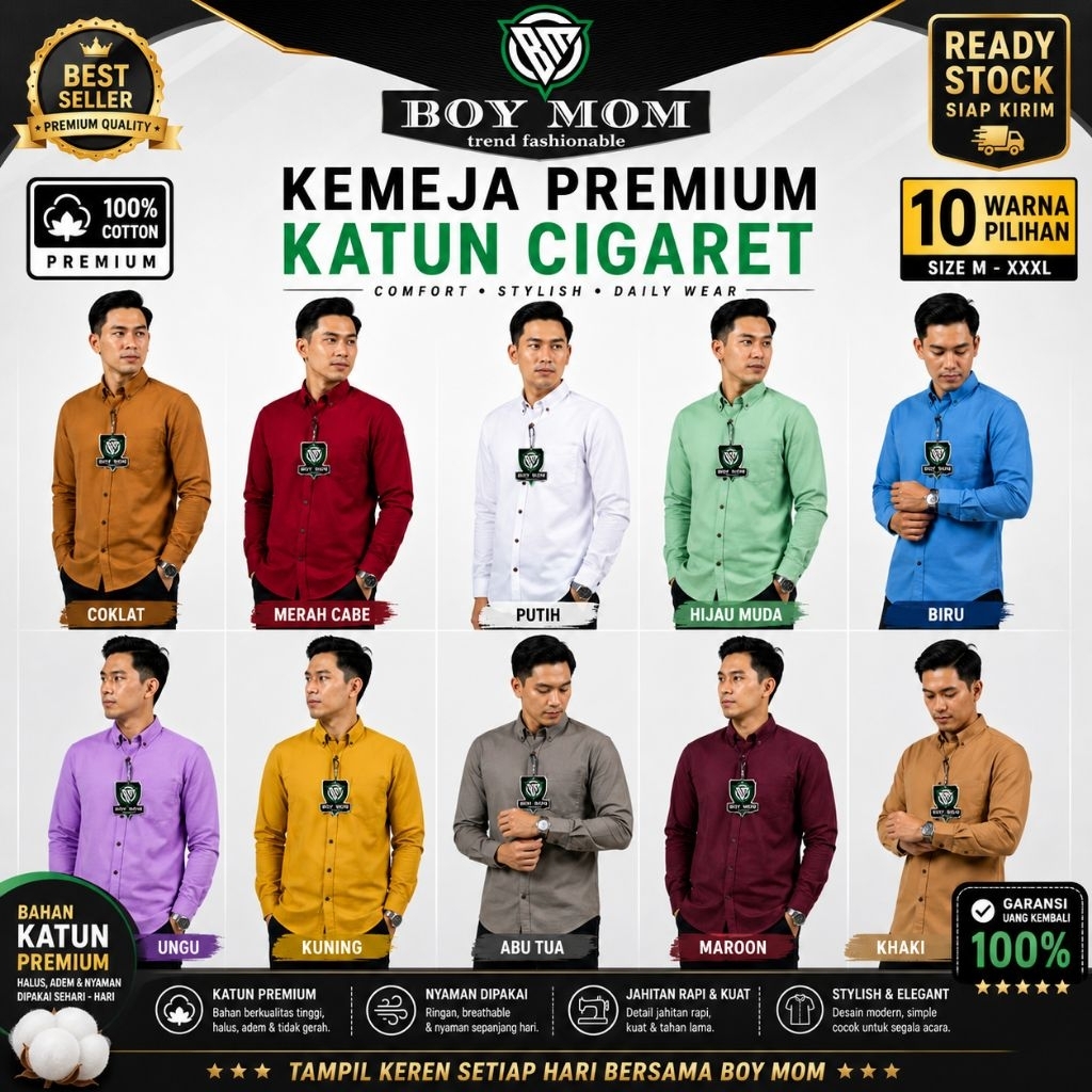 BOY MOM KEMEJA POLOS BAHAN CIGARET Kemeja Polos panjang Warna Sage / putih / hitam / mocca / Kemeja 