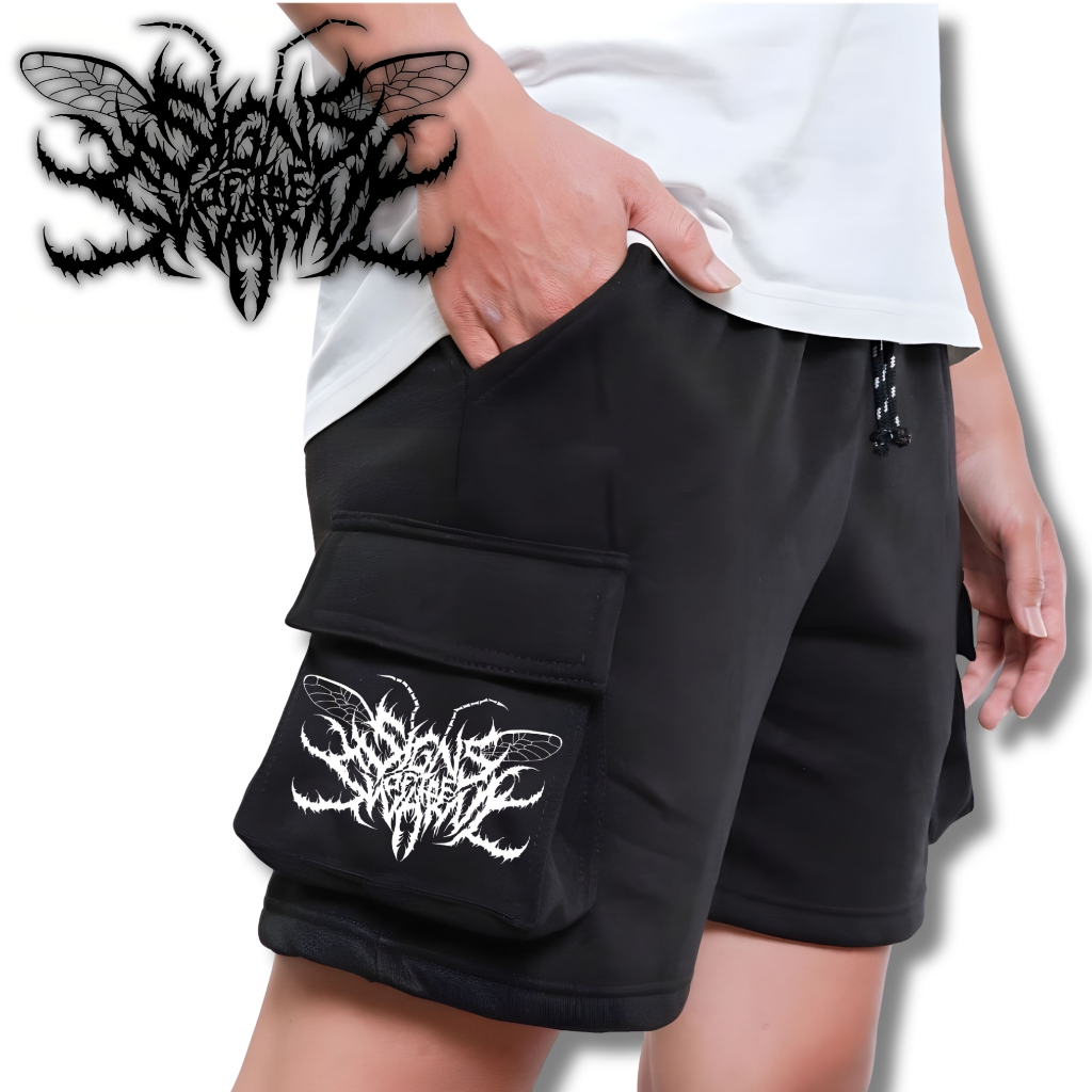 CELANA PENDEK CARGO SIGNS OF THE SWARM BAHAN FLEECE BOARDSHORT BAND METAL UNISEX