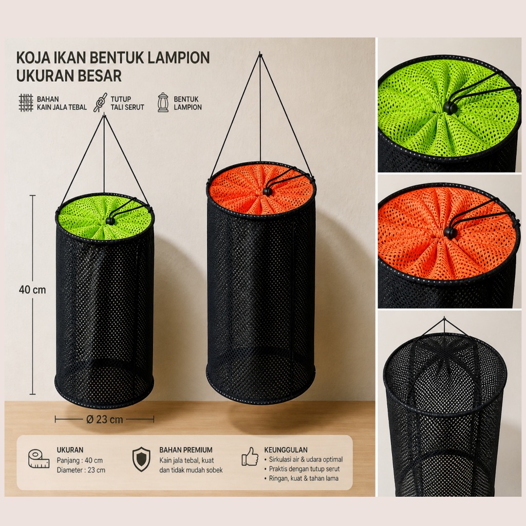 Koja ikan lampion jumbo - Koja lampion bahan jala kuat - Wadah ikan hidup jala tebal - Wadah ikan
