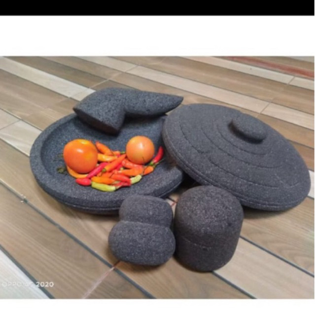 cobek tutup batu asli set dgn 3 ulekan