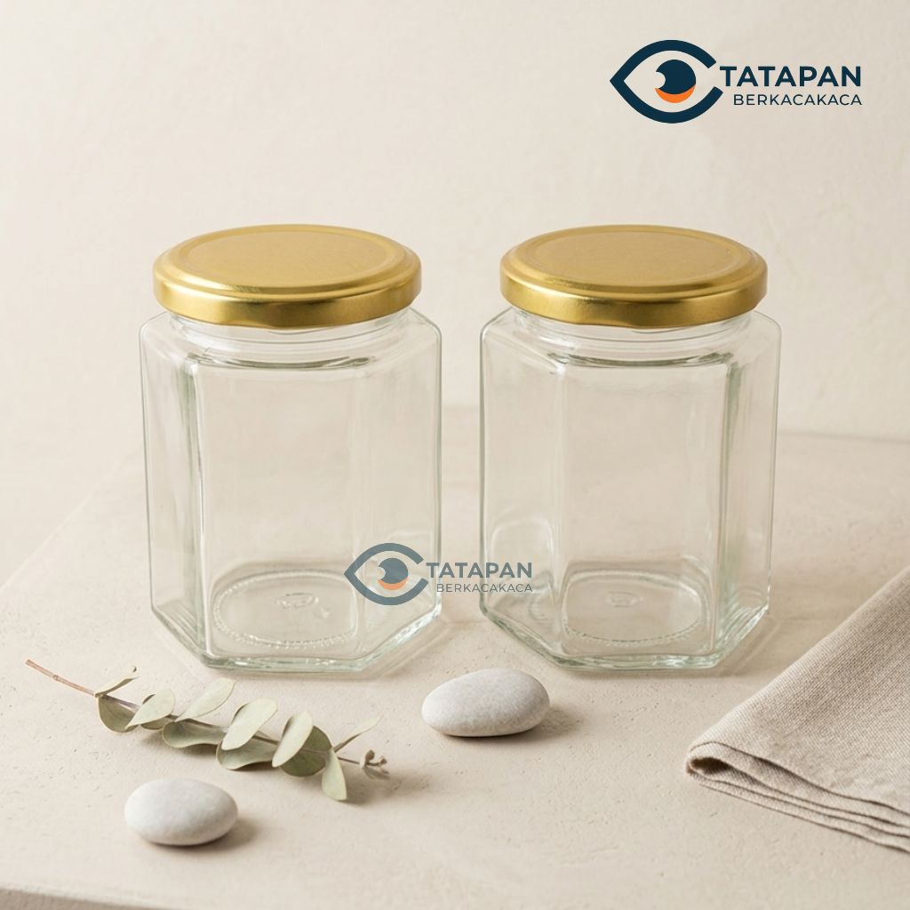 Toples Kaca Jar Kaca Hexagonal segi enam 280ml 100% baru Import / Toples Kaca Hexagon Tutup Stainles