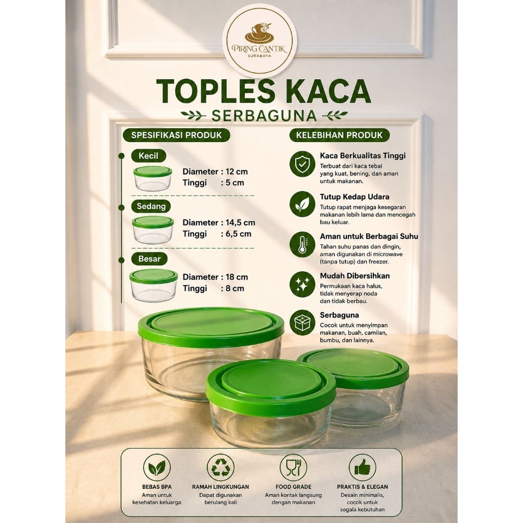 Set Toples Kaca Bulat dengan Tutup Warna Hijau| Wadah Makanan Kaca