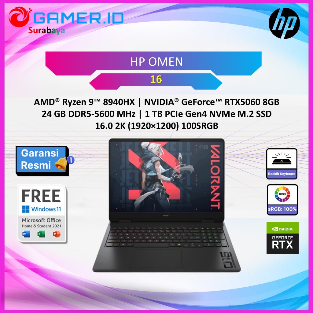 LAPTOP HP OMEN 16 RYZEN 9 8940HX RTX5060 8GB/ 24GB 1TB 16.0 2K 165HZ 100SRGB