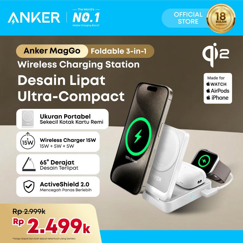 Anker MagGo 3-in-1 Charging Station, MagSafe-Compatible Wireless Charger Stand, Qi2 Certified 15W Fo