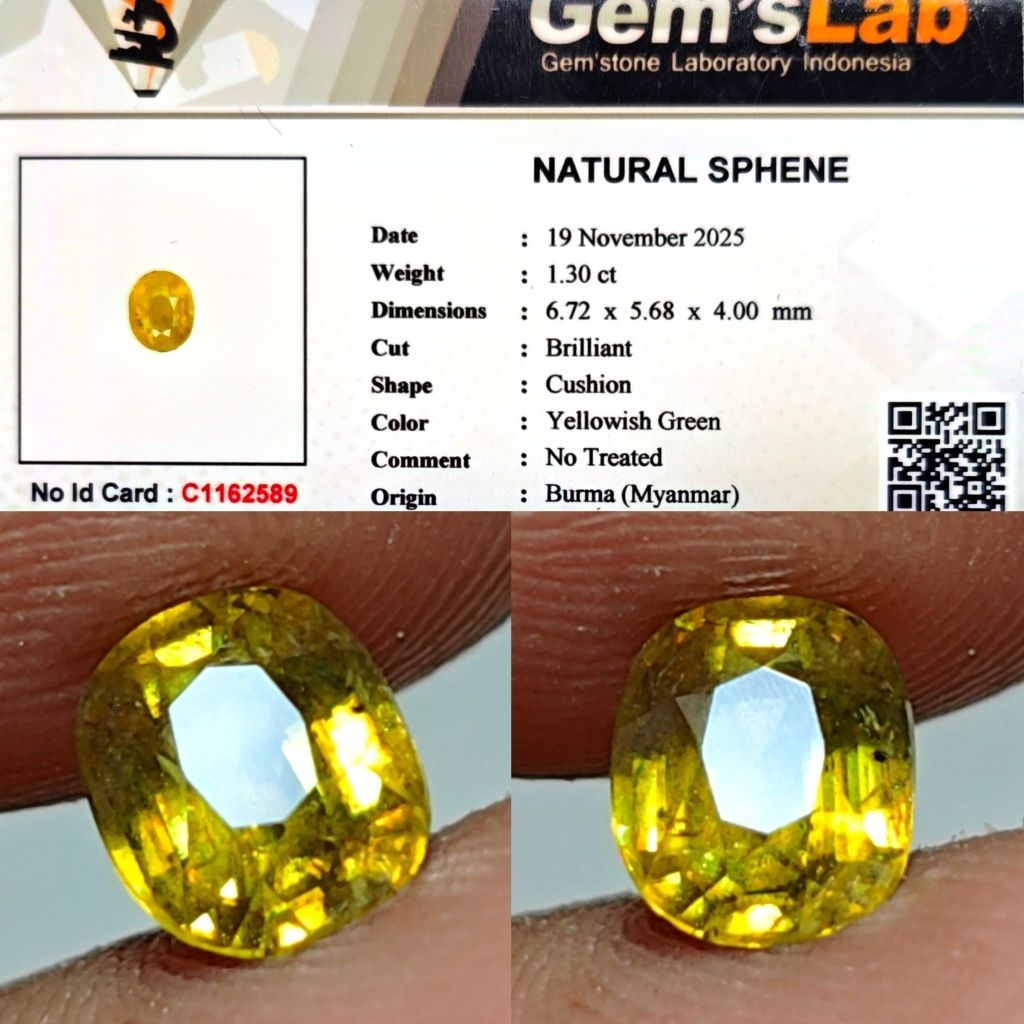 Natural Rainbow Sphene No Treatment Burma 1.30ct GLI Crystall Color Apple Green Good Rainbow Luster