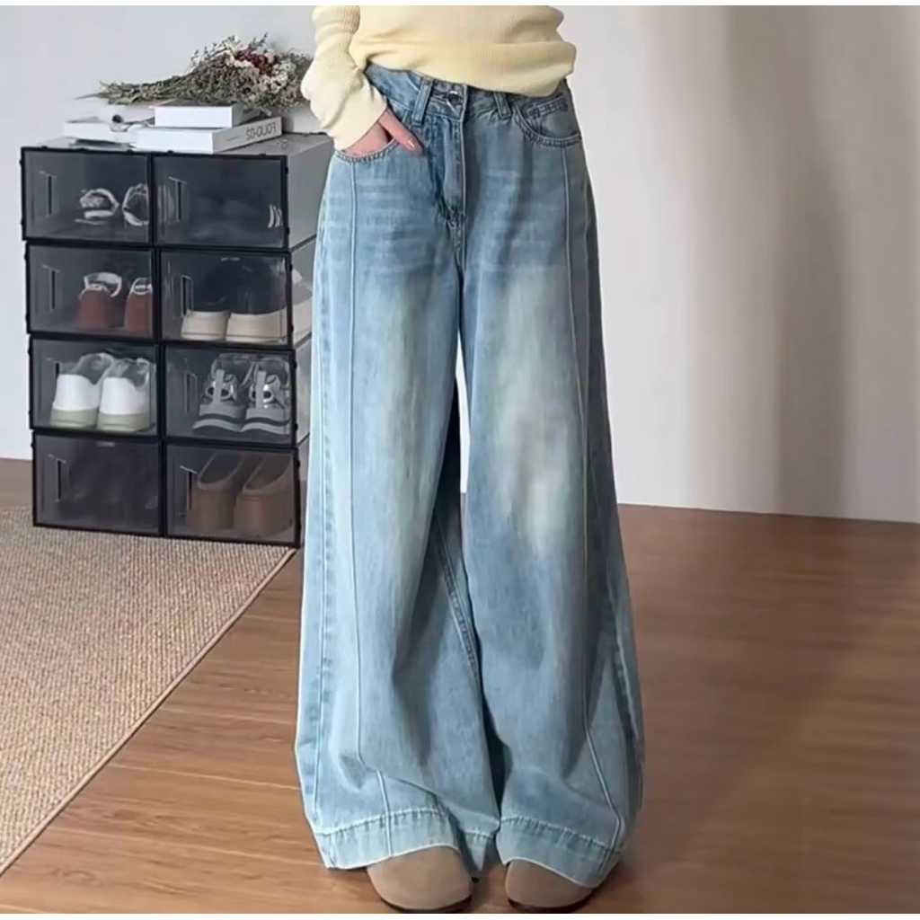 Celana Baggy Jeans Wanita Wisker Tulang Highwaist Jumbo Korean Style Kekinian-Baggy Jeans Wisker Tul