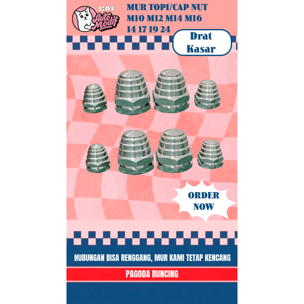Mur Topi Cap Nut Stainless M10 M12 M14 M16 Mur 14 17 19 24 Model Pagoda DRAT KASAR