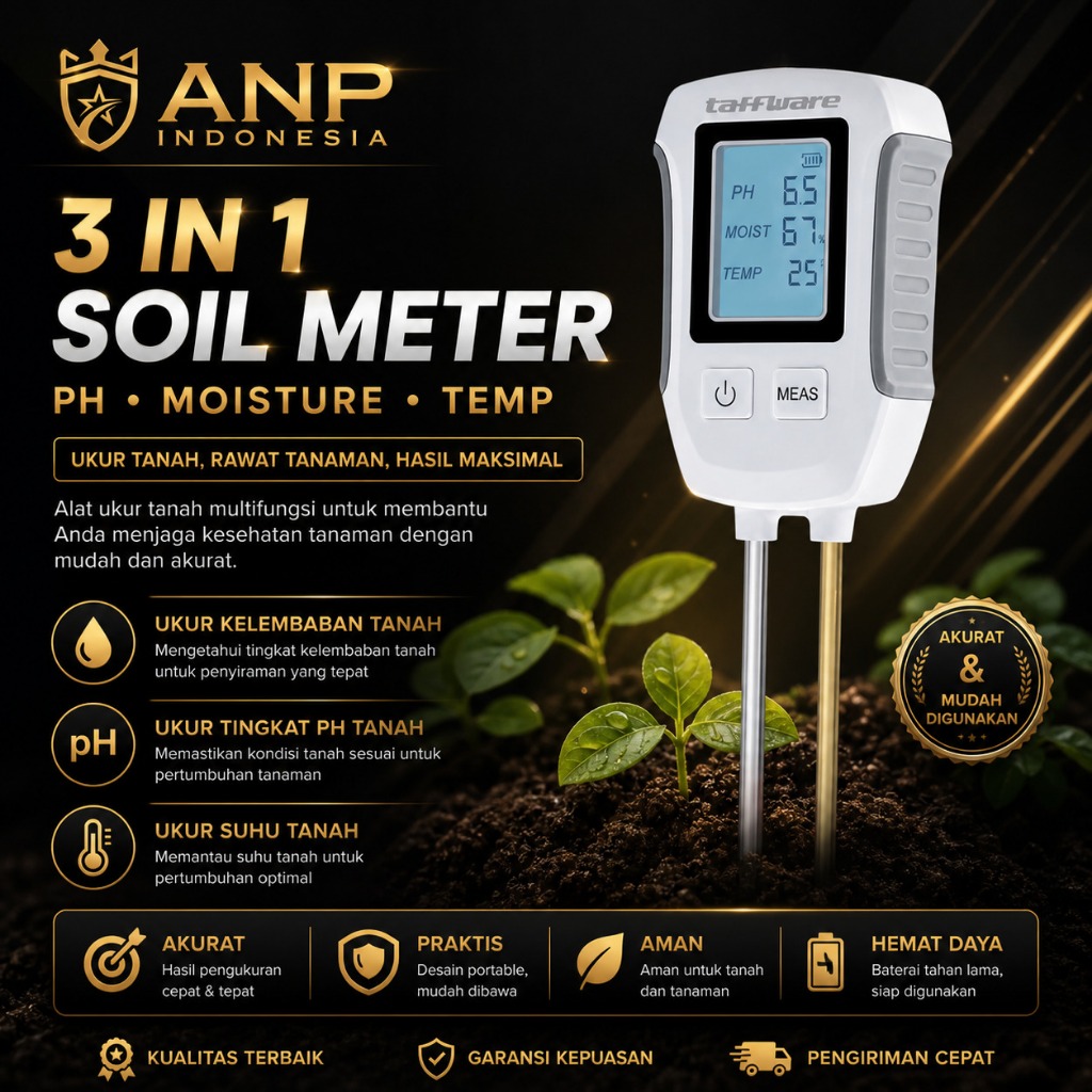 Alat Ukur Tanah Digital 3in1 pH Meter Soil Tester Kelembapan & Suhu Tanah Akurat