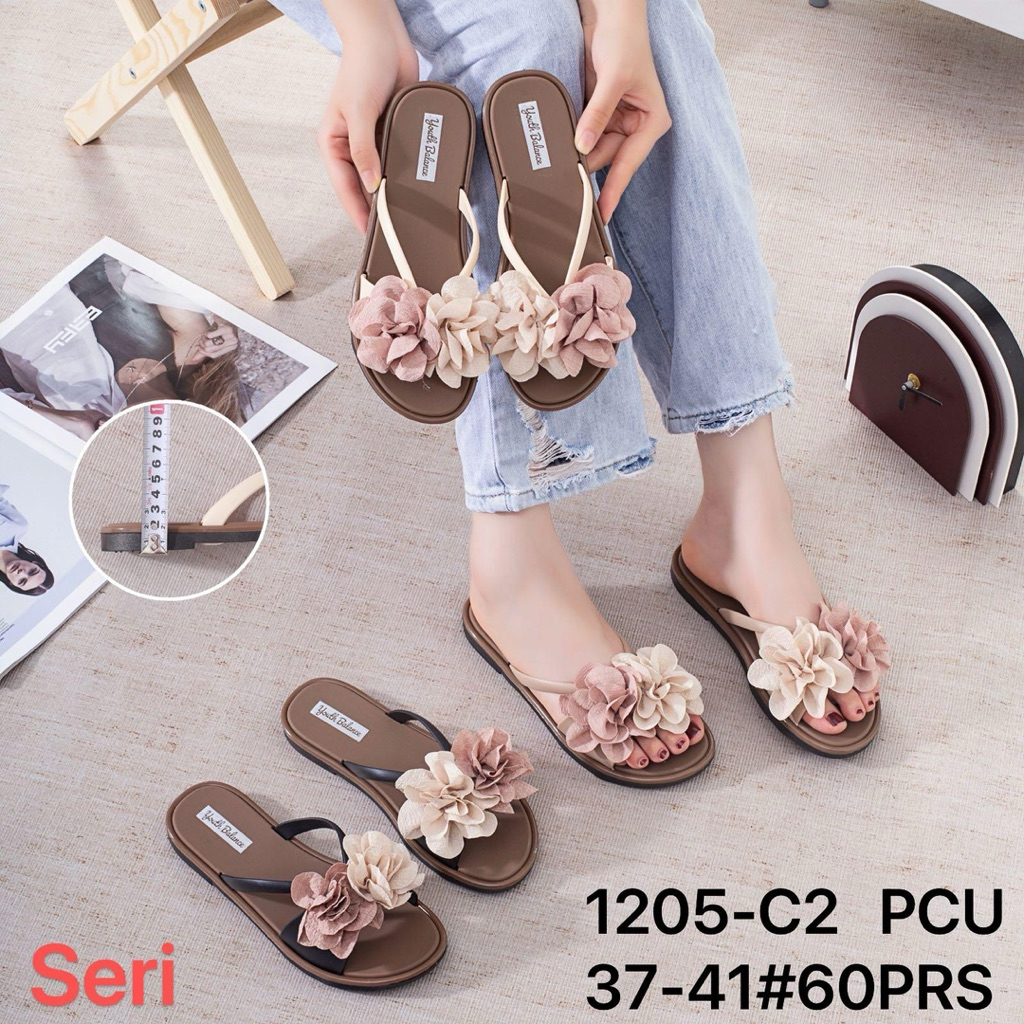 Sandal flat wanita bunga karet jelly Youth Balance 1205
