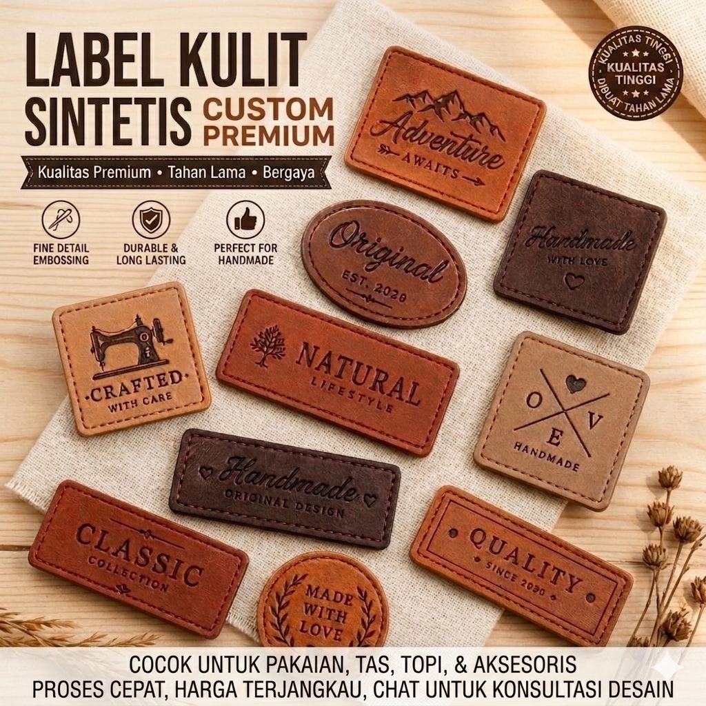Label Kulit Sintetis Custom Nama Emboss/Deboss | Cocok untuk Jaket, Jeans & Tas