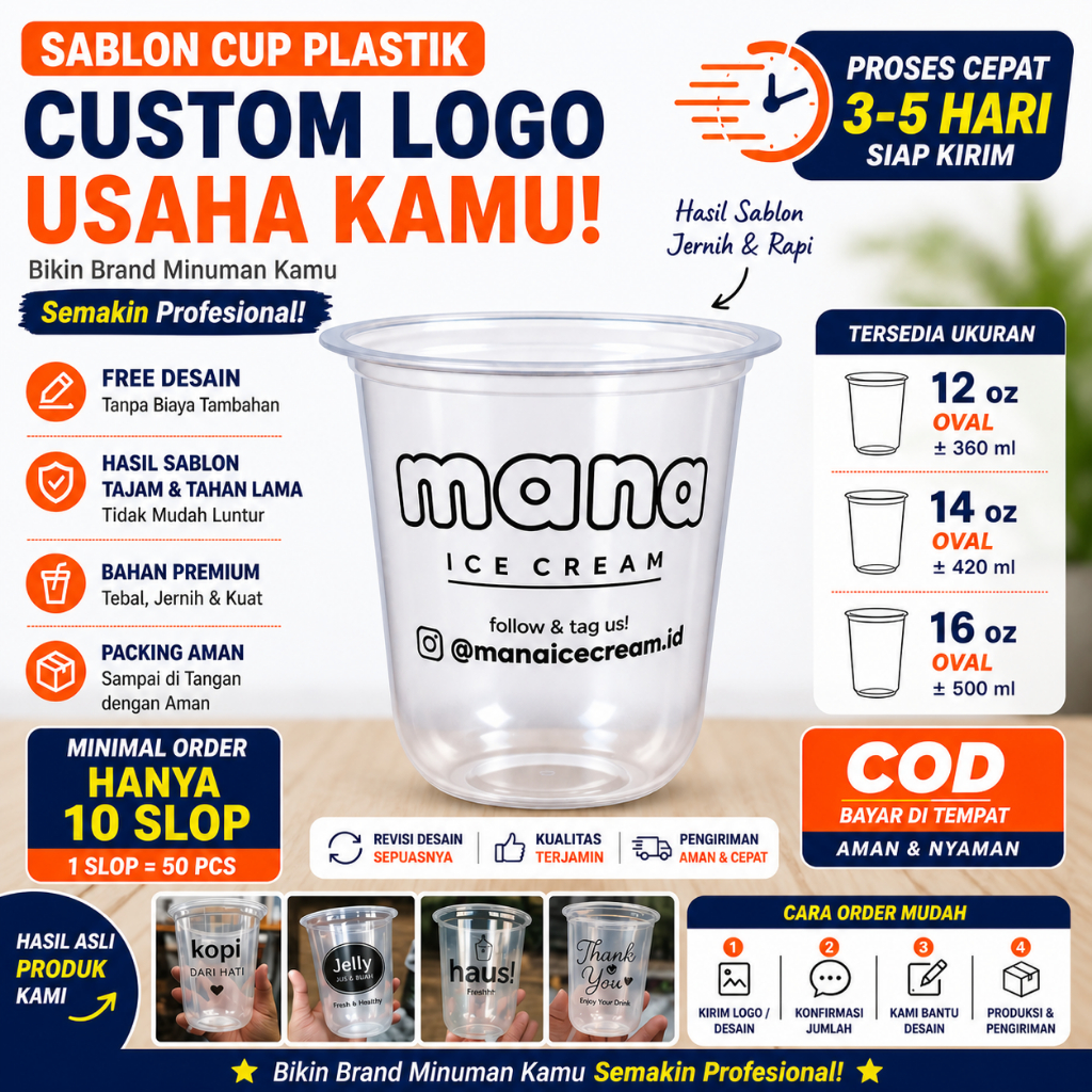 SABLON CUP PLASTIK OVAL CUSTOM LOGO USAHA | 12oz 14oz 16oz | FREE DESAIN | CETAK CEPAT | HARGA GROSI