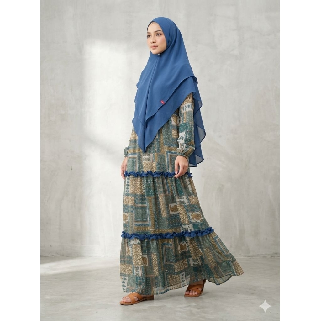 Set Gamis Syari Premium Motif Etnik Vintage - Gamis Tiered Ruffle & Hijab Khimar 2 Layer