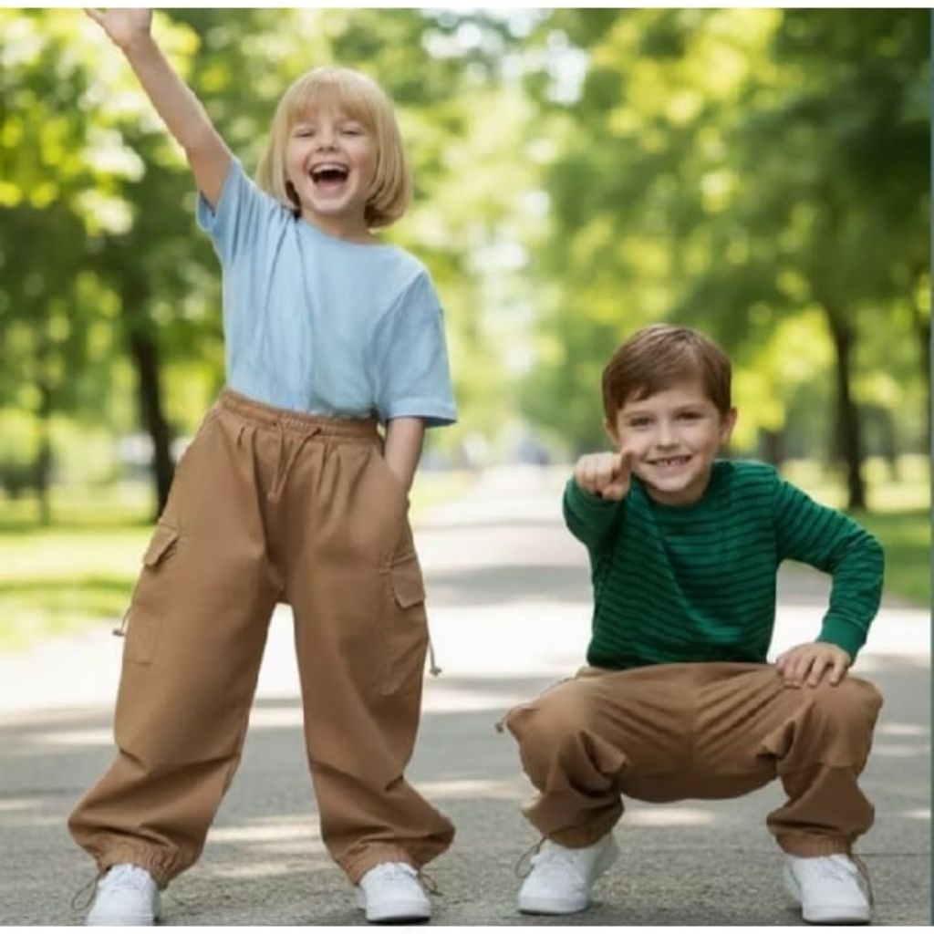 Loose Pant Cargo Panjang Anak Tanggung Usia 7-13 Tahun Highwaist Celana Cargo Anak Cewek Cowok Fashi