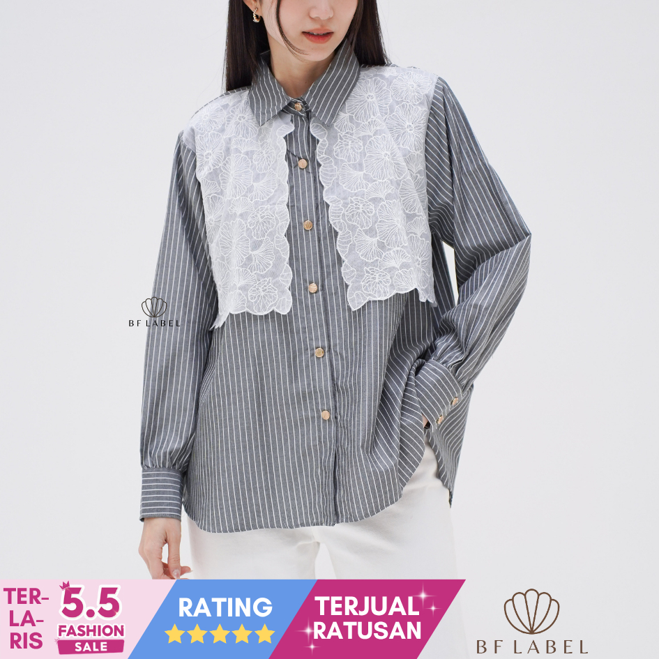 BF Label - NIKITA SHIRT | Striped with Embroidery | Kemeja Wanita Stripe dengan Renda Mewah
