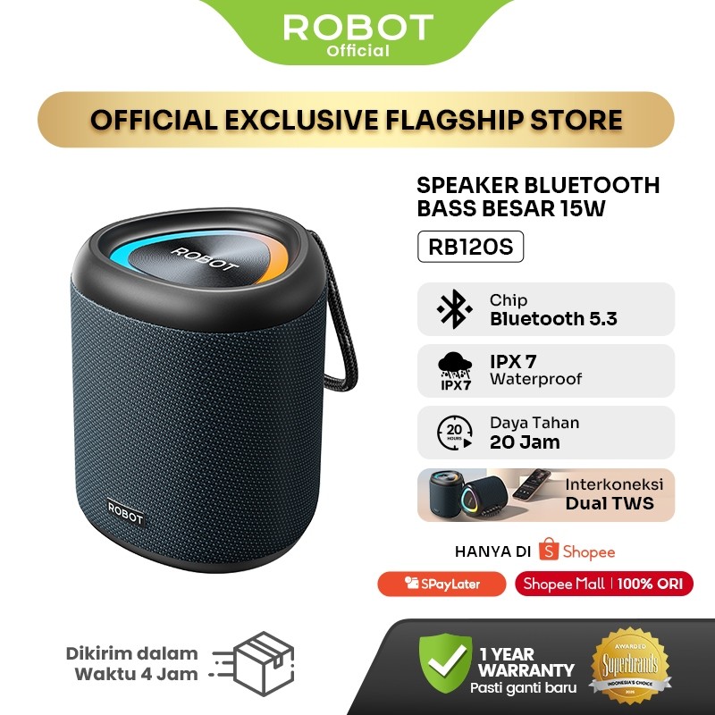 ROBOT Speaker Bluetooth Portabel 5.3 15W Super Bass 78mm with RGB Light Speaker Waterproof IPX7 RB120S Original - Garansi 1 Tahun