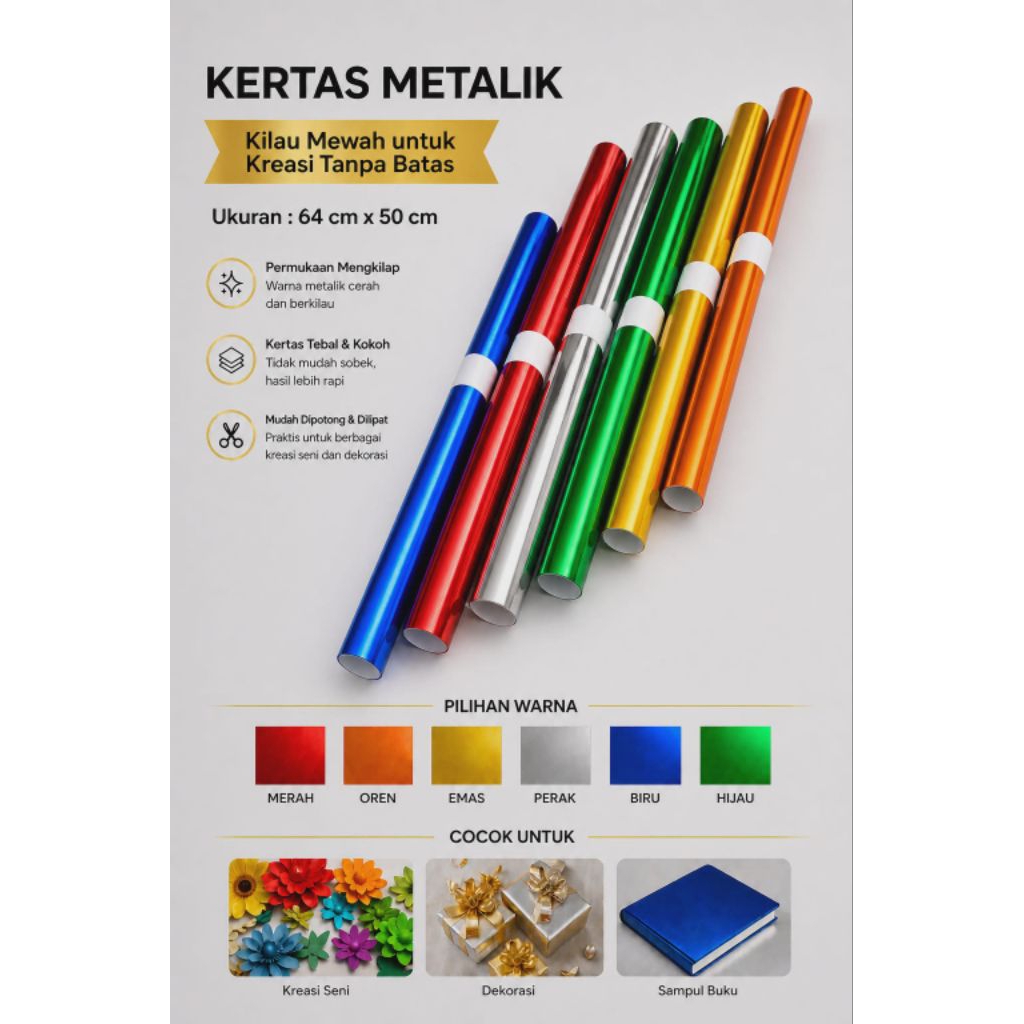 Kertas Metalik/Kertas Emas Warna-Warni Mengkilap