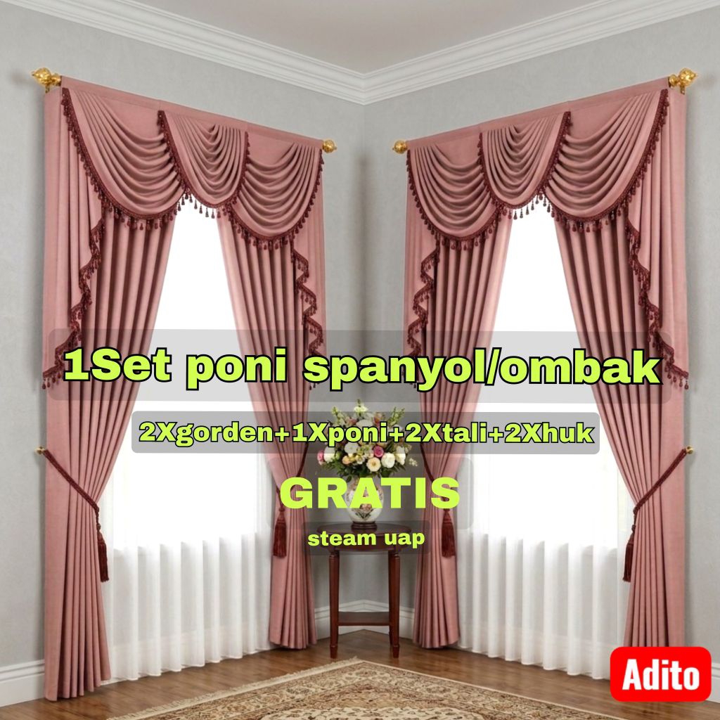 SET GORDEN PONI OMBAK/SPANYOL mewah model kekinian untuk pintu dan jendela,hiasan rumah,gorden ruang