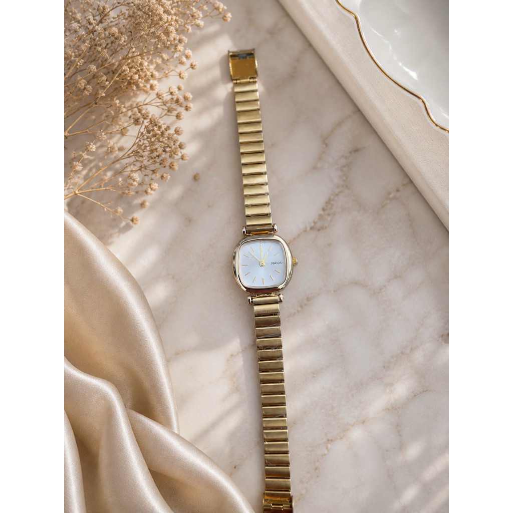 Jam Tangan Wanita Kotak NAIDU Gold Silver – Stainless Steel Elegant Minimalis Korea