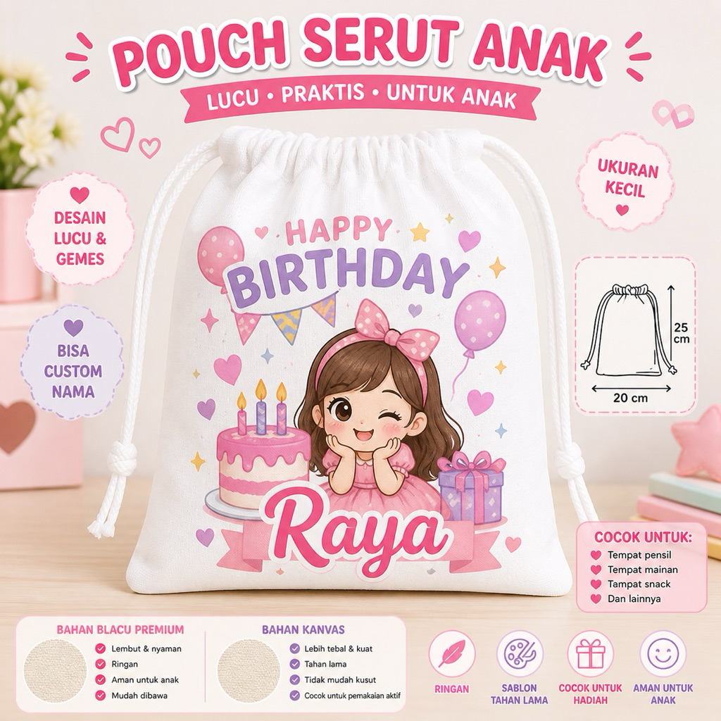 Goodie Bag Pouch Serut kanvas belacu Tas Ulang Tahun custom ukuran 20x25 - BISA CUSTOM DESIGN SENDIR
