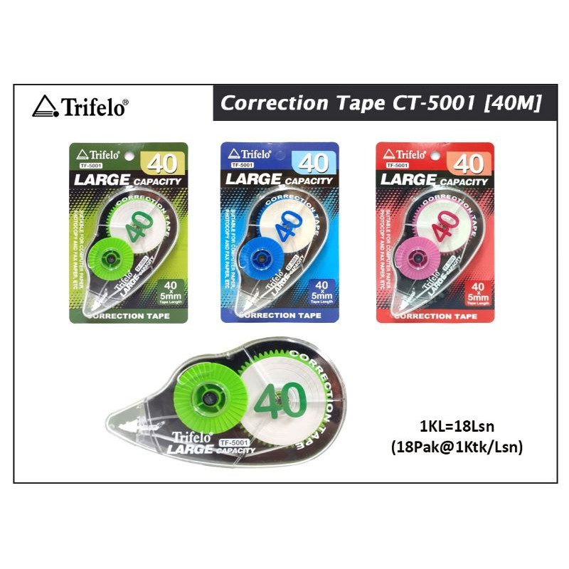 TRIFELO TF5001 CORRECTION TAPE LARGE CAPACITY PITA KOREKSI TIPEX ROLL BESAR PANJANG 40M