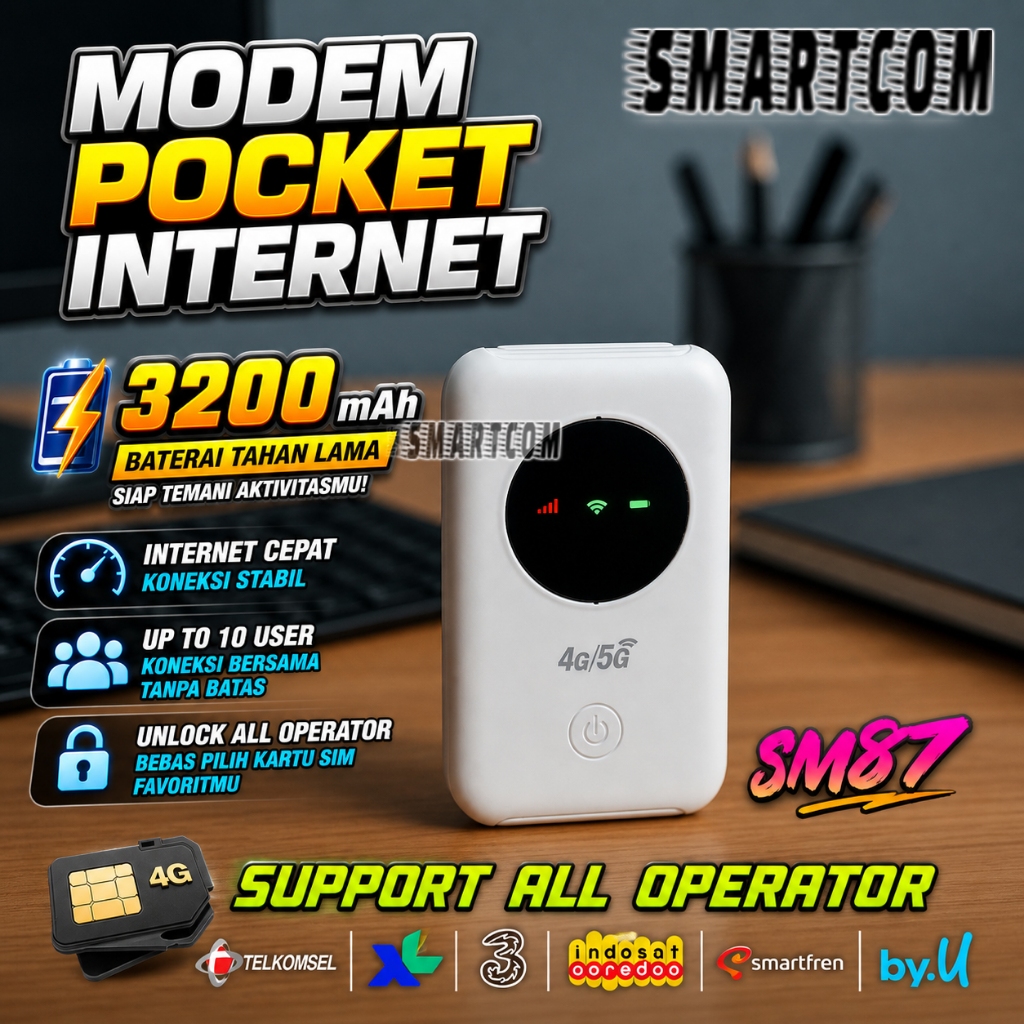 < SMARTCOM > Modem Mifi Wifi SM87 PRO Unlock All Operator 4G 3200mAh