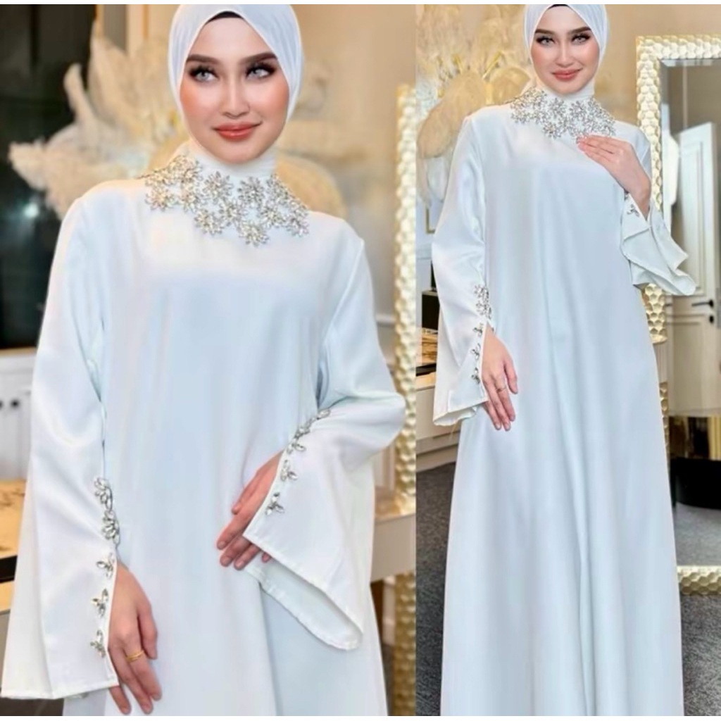SHELLASAUKIA  GAMIS MEWAH  Putih / BROKAT TERBARU LEBARAN RAYA TERBARU Dress BROKAT BRUKAT Polos umr