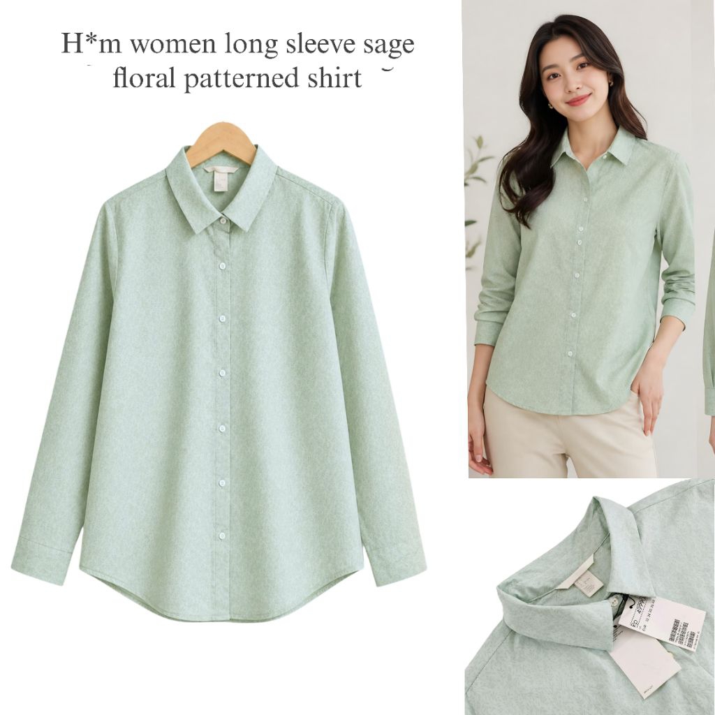 H*M Women Long Sleeve Sage Soft Floral Pattern Shirt/Kemeja Wanita Branded Fulltag/Kemeja Wanita Ter