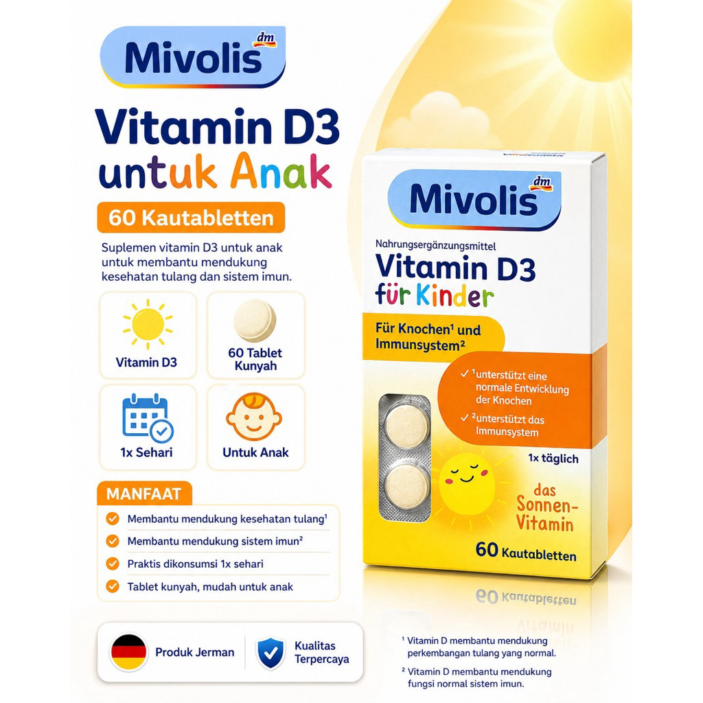 Mivolis Vitamin D3 Anak 60 Tablet Kunyah Original Jerman - Suplemen D3 Kids untuk Tulang dan Daya Ta