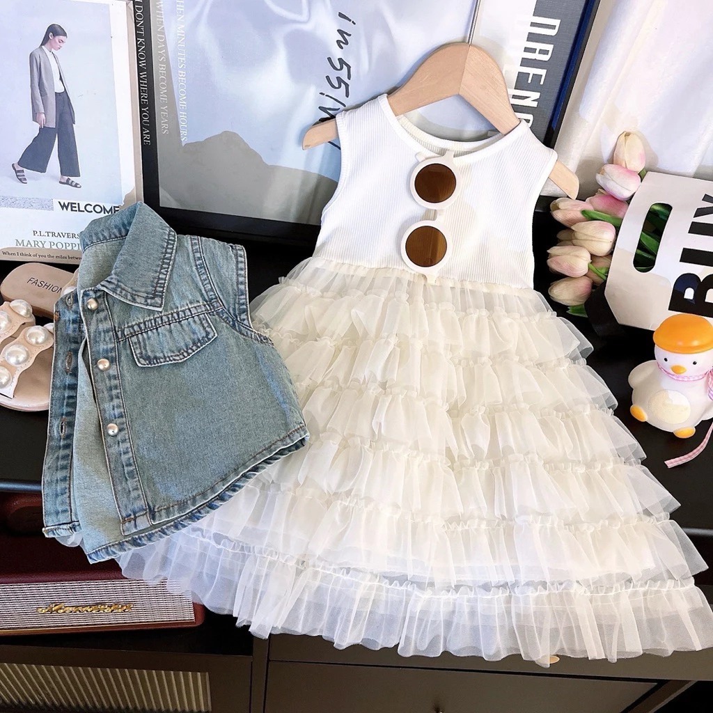 damadashop 3-10 tahun stelan 2 in 1 outer denim dress tutu layer fashion Viral Anak Perempuan Termur