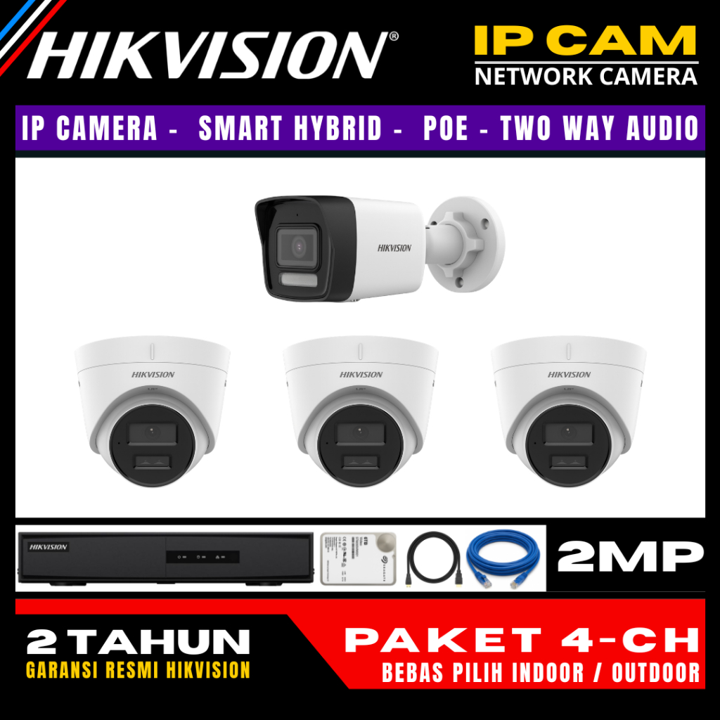 paket cctv hikvision ip camera 2mp two way audio 4 channel 4 kamera ip camera cctv