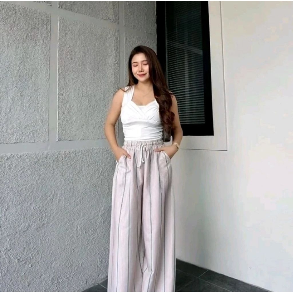 Celana Panjang Wanita Katun Baggy Model Kulot Pinstripe Hitam