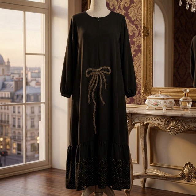 Abaya hitam gamis dress muslimah baju umroh haji pengajian dengan tambahan pita gold Busui