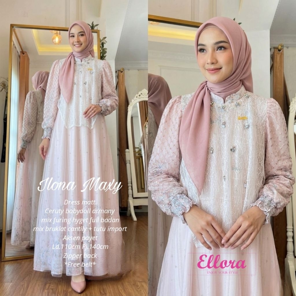 Ilona maxy dress ceruty babydoll mix brukat Ld 110 gamis lebaran wanita terbaru baju kondangan wanit