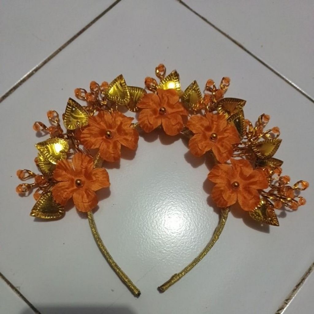 Bando sakura orange permata emas & daun emas
