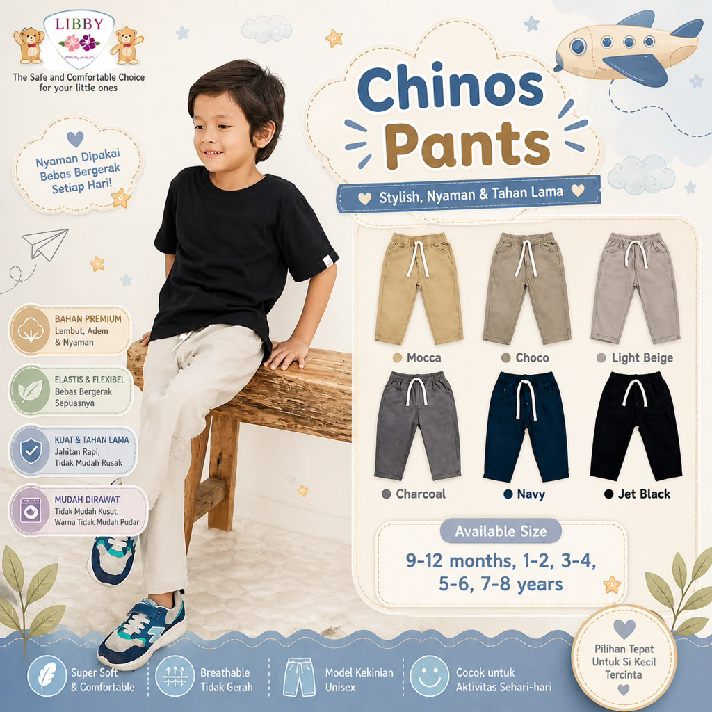 Libby Long Chinos Anak Short Chinos Celana Panjang Chinos Anak Laki Laki 9 Bulan - 4 Tahun