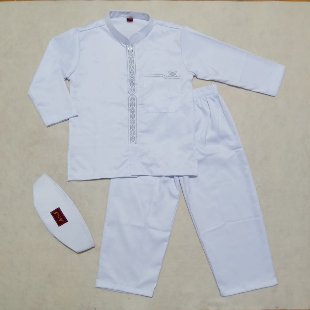 Baju koko putih anak full toyobo A&J terbaru lengan panjang bordil