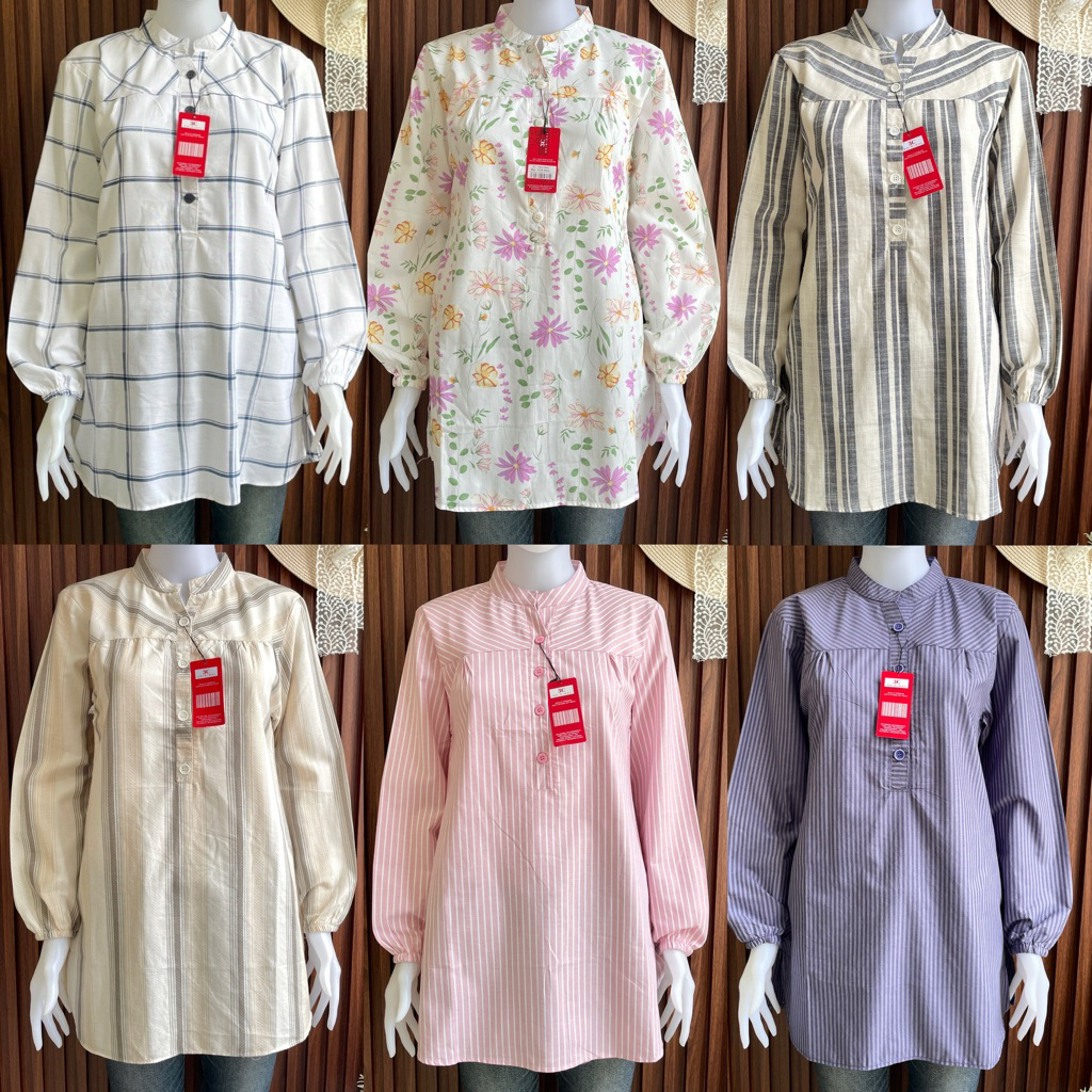 Tunik 3C Blouse Wanita Motif Kotak & Bunga Kerah Shanghai Katun Premium & Rayon | Atasan Lengan Panj