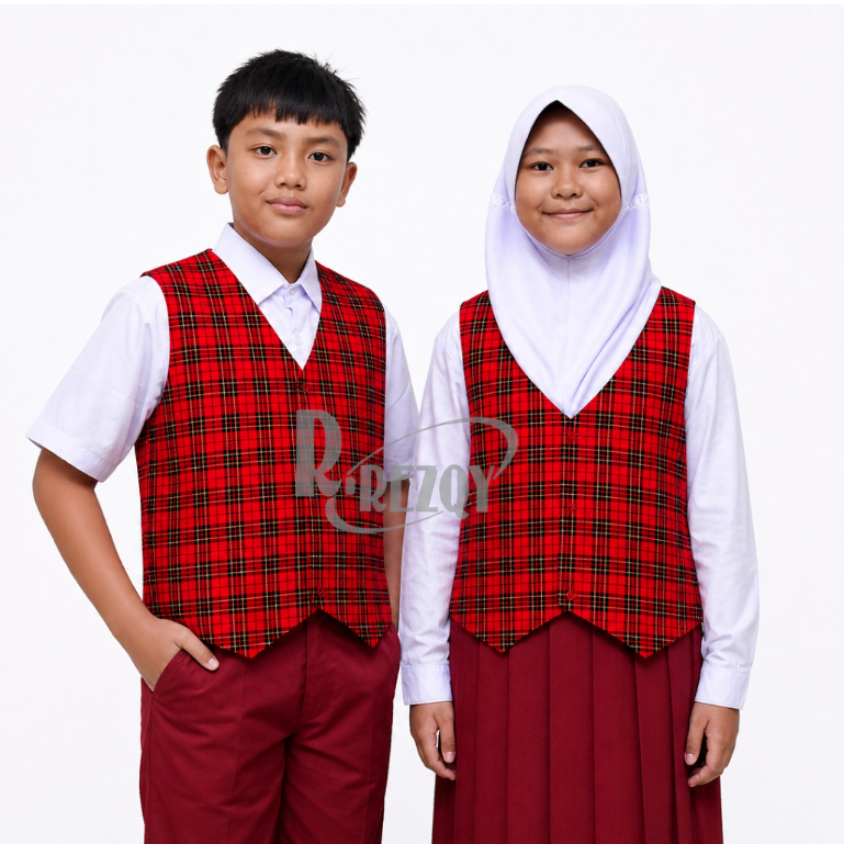 R Rezqy - Rompi Anak Sekolah Sd Corak Kotak Kotak Bahan Katun Warna Merah