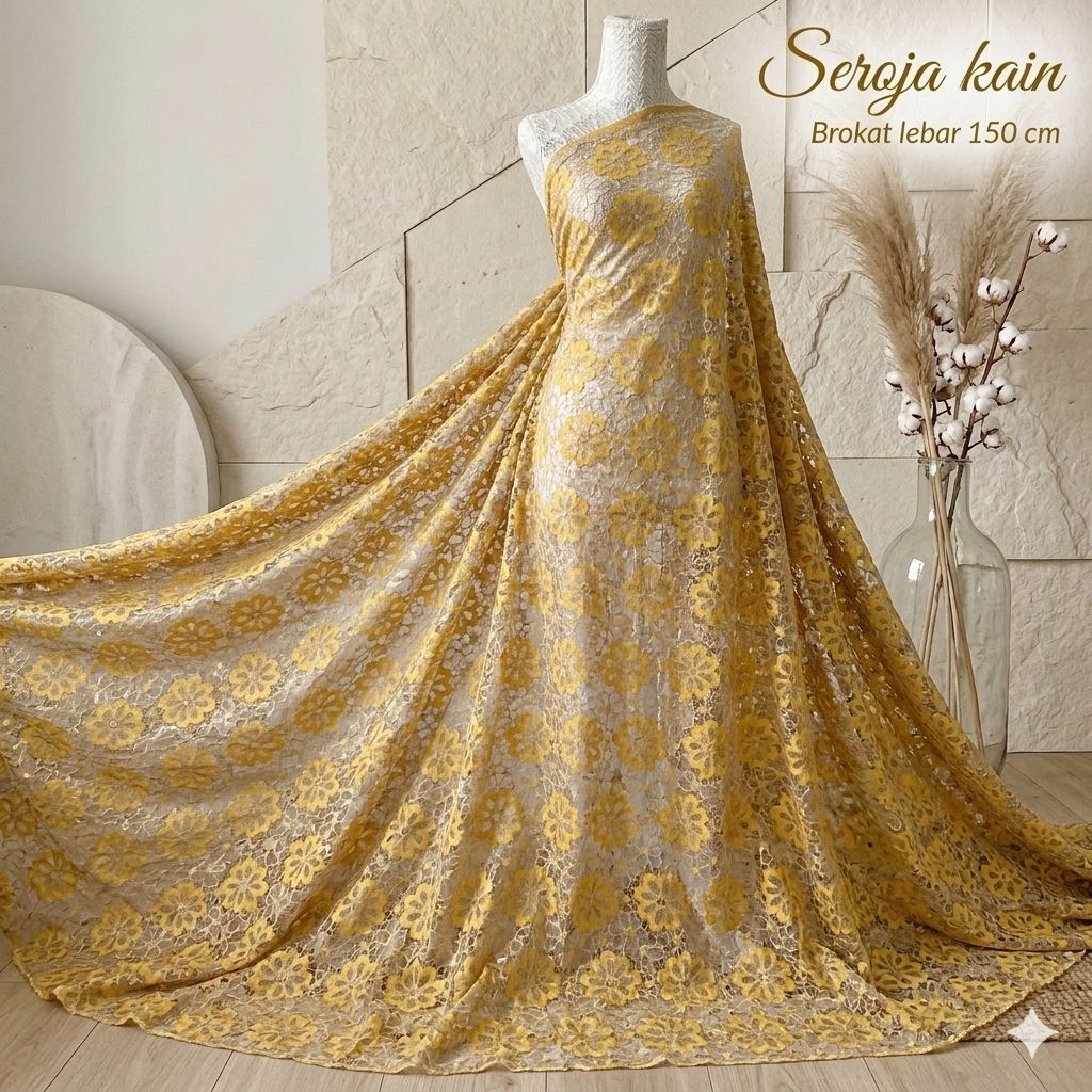 Kain Brokat Tile Bunga Besar Kuning Gold Premium Glitter | Mewah Bahan Gaun Pesta Lbt