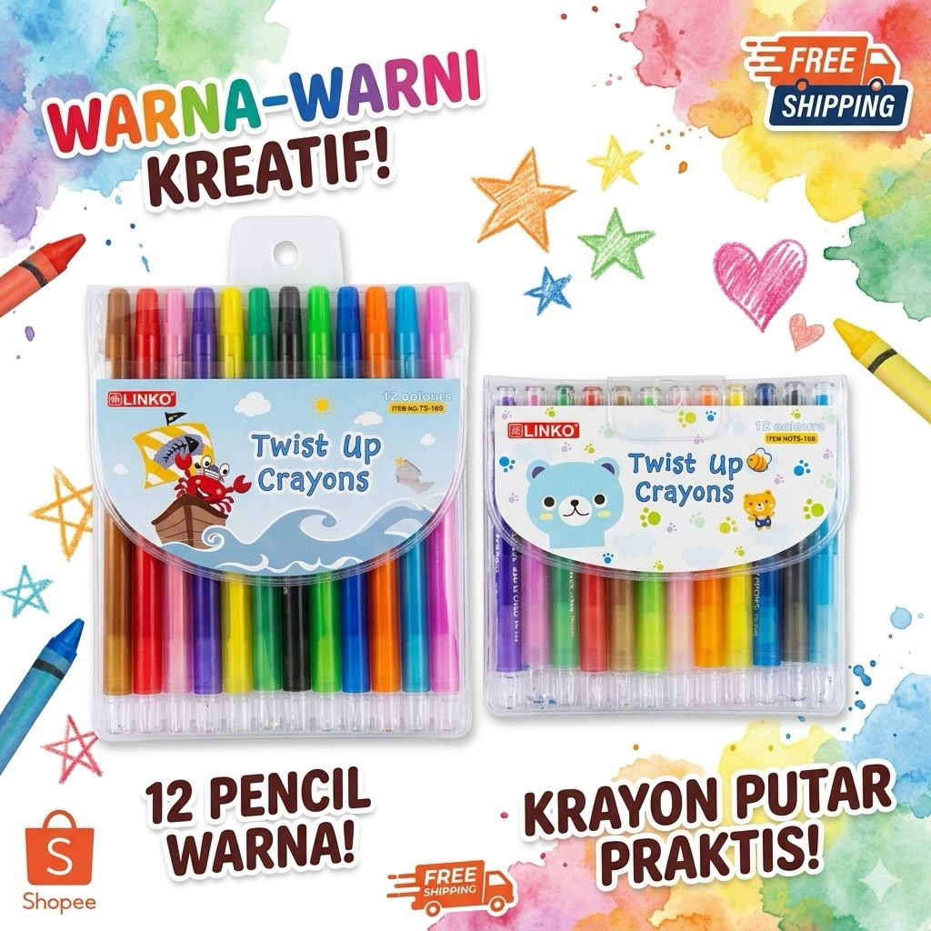 Grosir 6 Set Krayon Putar LINKO || Twist Up Crayon || Krayon Murah || Krayon Putar Besar || Krayon P