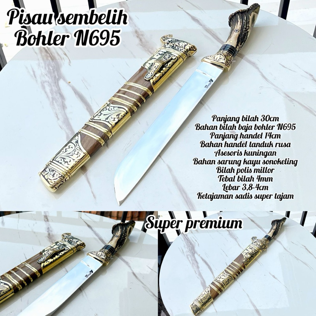 GOLOK PISAU SEMBELIH BAJA BOHLER N695 HANDLE TANDUK RUSA 30cm,35 cm