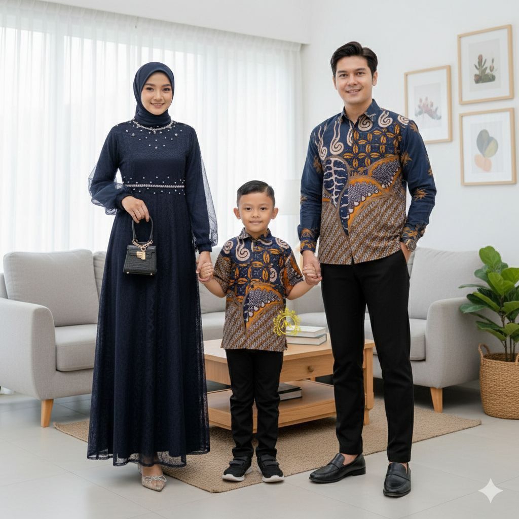 SET NADINE DRESS NAVY ORI COUPLE KEMEJA PREMIUM / CUSTOM ANAK & JUMBO / BAJU SERAGAM BATIK PASANGAN 